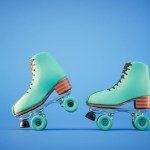 Pair of bright stylish roller skates on blue background. 3d render.