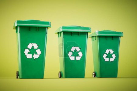 Foto de El concepto de reciclaje de residuos. Un bote de basura con iconos de reciclaje sobre fondo verde. Renderizado 3D. - Imagen libre de derechos