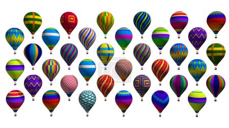 Front view of group of hot air balloons with vivid colors and geometric designs floating against white background. 3d Illustration