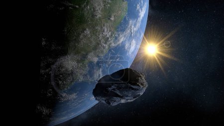 Small rock asteroid passing very close to planet Earth with the sun shining in the background. 3D Illustration