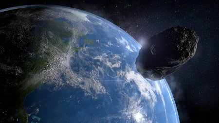 Small rock asteroid passing very close to planet Earth. 3D Illustration
