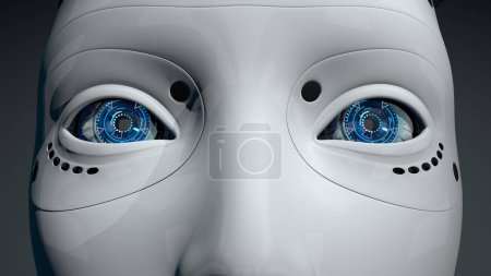 Téléchargez les photos : Gros plan sur les yeux bleus du robot humanoïde femelle avec une peau en plastique blanc brillant sur fond sombre. Illustration 3D - en image libre de droit