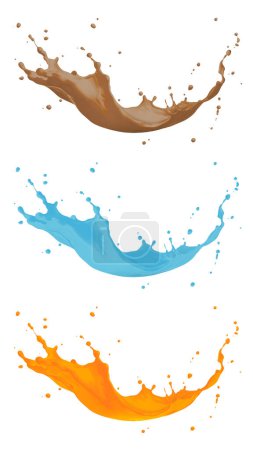Téléchargez les photos : Illustration d'éclaboussures liquides à flux courbé de couleur bleue, orange et marron - en image libre de droit