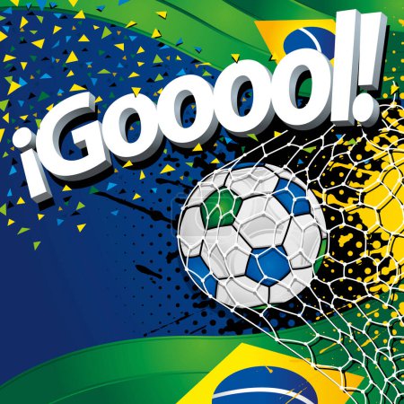 Téléchargez les illustrations : Mot GOOOOL à côté d'un ballon de football marquant un but sur fond de drapeaux brésiliens et de confettis verts, bleus et jaunes. Image vectorielle - en licence libre de droit