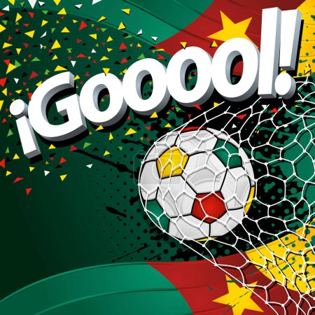 Téléchargez les illustrations : Mot GOOOOL à côté d'un ballon de football marquant un but sur fond de drapeaux camerounais et de confettis verts, rouges et jaunes. Image vectorielle - en licence libre de droit