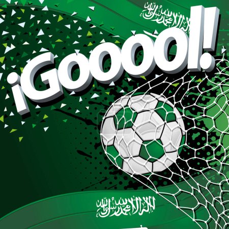 Téléchargez les illustrations : Mot GOOOOL à côté d'un ballon de football marquant un but sur fond de drapeaux saoudiens et de confettis verts et blancs. Image vectorielle - en licence libre de droit