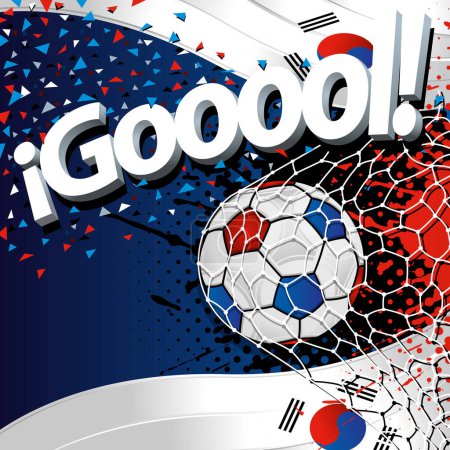 Téléchargez les illustrations : Mot GOOOOL à côté d'un ballon de football marquant un but sur fond de drapeaux sud-coréens et de confettis blancs, bleus et rouges. Image vectorielle - en licence libre de droit