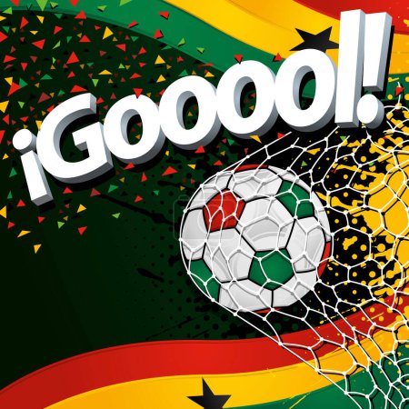 Téléchargez les illustrations : Mot GOOOOL à côté d'un ballon de football marquant un but sur fond de drapeaux ghanéens et de confettis rouges, jaunes et verts. Image vectorielle - en licence libre de droit