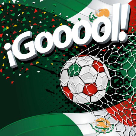 Téléchargez les illustrations : Mot GOOOOL à côté d'un ballon de football marquant un but sur fond de drapeaux mexicains et de confettis verts, blancs et rouges. Image vectorielle - en licence libre de droit