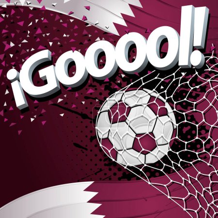Téléchargez les illustrations : Mot GOOOOL à côté d'un ballon de football marquant un but sur fond de drapeaux qataris et confettis blancs et rouges. Image vectorielle - en licence libre de droit