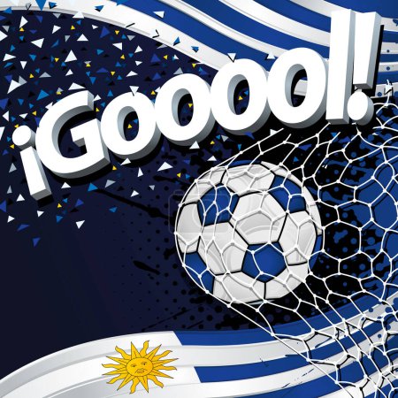 Téléchargez les illustrations : Mot GOOOOL à côté d'un ballon de football marquant un but sur fond de drapeaux uruguayens et confettis blancs et bleus. Image vectorielle - en licence libre de droit