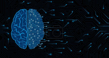 Illustration for Illustration of blue brain top view half human, half machine brain with circuits on dark circuit board background with random lights with copy space. Artificial intelligence concept - Royalty Free Image