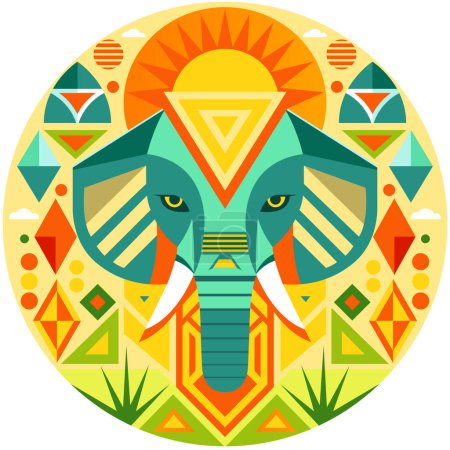 Téléchargez les photos : Vue de face du masque africain en forme de tête d'éléphant dans un style géométrique avec des couleurs chaudes - en image libre de droit