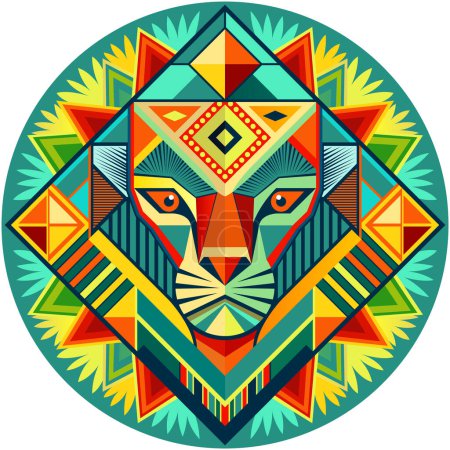 Téléchargez les photos : Vue de face du masque africain en forme de tête de lion dans un style géométrique avec des couleurs chaudes - en image libre de droit