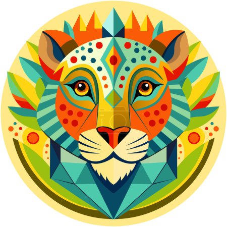Téléchargez les photos : Vue de face du masque africain en forme de tête de léopard dans un style géométrique avec des couleurs chaudes - en image libre de droit