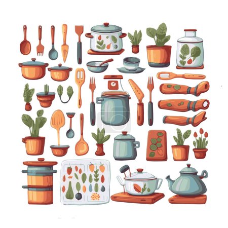 Téléchargez les illustrations : Kitchenware set graphic elements in flat design. Bundle of kettle, ladle, spoon, fork, frying pan, mug, board, bowl, knife, rolling pin, spatula and other utensil. Illustration isolated objects - en licence libre de droit