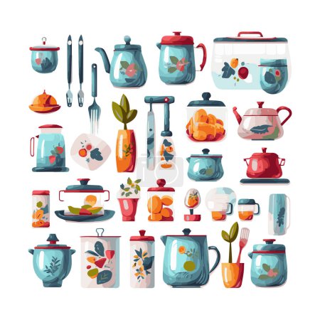 Téléchargez les illustrations : Kitchenware set graphic elements in flat design. Bundle of kettle, ladle, spoon, fork, frying pan, mug, board, bowl, knife, rolling pin, spatula and other utensil. Illustration isolated objects - en licence libre de droit