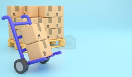 Blauer Trolley mit Paketkasten. 3D rendern Logistik- und Liefersymbolkonzept und Kopierraum auf blauem Hintergrund