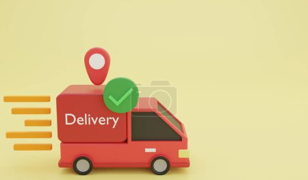 Lieferwagen bereit für die Auslieferung, 3D-Render-Logistik und Liefersymbol Konzept und Kopierraum auf gelbem Hintergrund