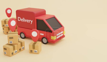Lieferwagen bereitet sich auf Auslieferung vor, 3D-Render-Logistik und Liefersymbole Konzept und Kopierraum auf orangefarbenem Hintergrund