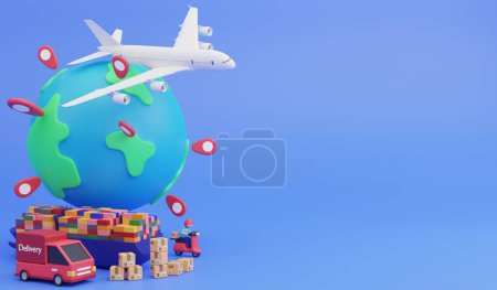 Système logistique mondial, 3d rendre logistique et concept icône de livraison et de copier l'espace sur fond bleu