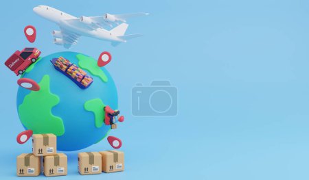 Globales Logistiksystem, 3D-Render- Logistik- und Liefersymbolkonzept und Kopierraum auf blauem Hintergrund