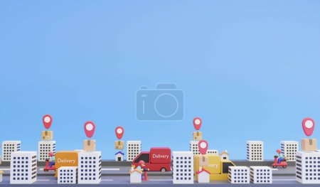 Transport livraison en van et moto, 3d rendre logistique et concept icône de livraison et copier l'espace sur fond bleu