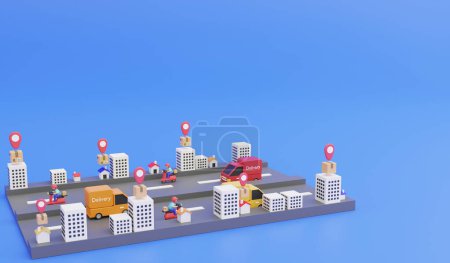 Lieferung per Lieferwagen und Motorrad, 3D-Render Logistik und Lieferung Symbol Konzept und Kopierraum auf blauem Hintergrund