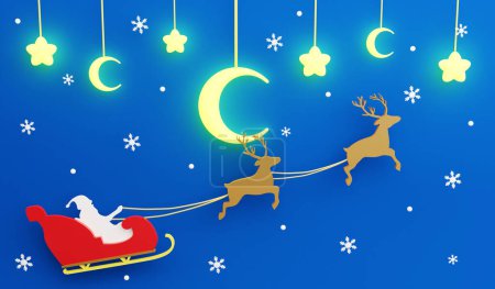 Rain deer and Santa Claus riding on sleigh and snowflake backdrop, 3D render Christmas and New year concept on blue background