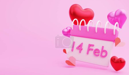 14 February on calendar, 3D render Valentine concept and copy space on pink background