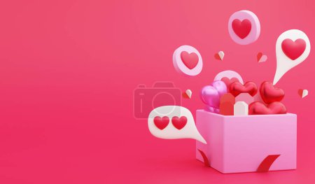 Valentine hearts in present box, 3D render Valentine concept and copy space on red background