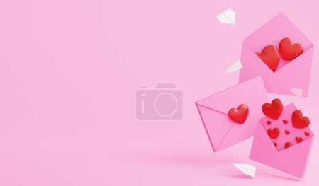 Love heart letter and paper plane, 3D render Valentine concept and copy space on pink background