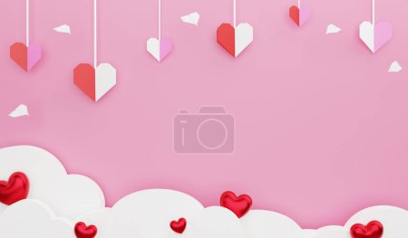 Valentine wallpaper papercut style, 3D render Valentine concept and copy space on pink background