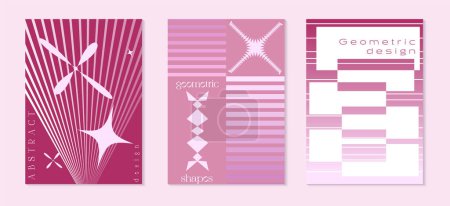 Ilustración de Conjunto de tres carteles en un estilo psicodélico de 2000 en colores brillantes con elementos sin forma. Ilustración vectorial - Imagen libre de derechos