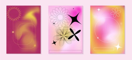 Ilustración de Conjunto de tres carteles en un estilo psicodélico de 2000 en colores brillantes con elementos sin forma, flores estrelladas, gradientes. Ilustración vectorial - Imagen libre de derechos