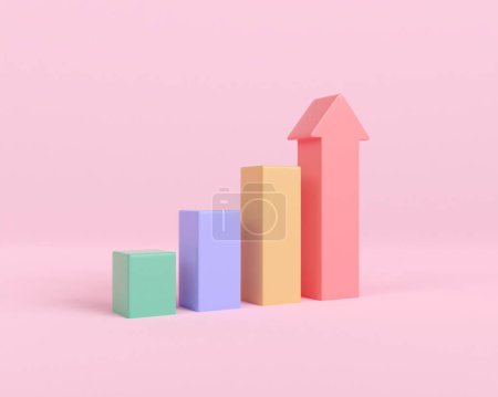 Photo for 3d render arrow bar chart grow to success isolated on pink background. graphic rising achievement. business finance growth statistics trading. Market trends and investments. 3d rendering illustration. - Royalty Free Image