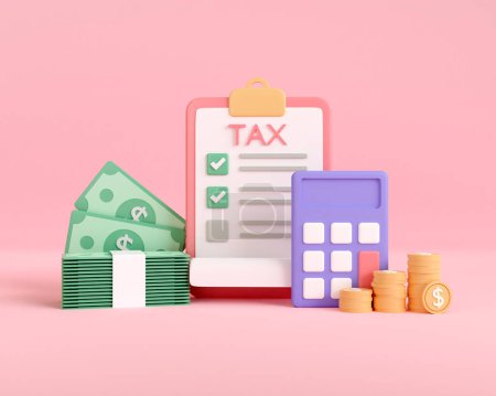 Photo for 3d render business tax paper and calculating income. tax payment online concept. 3d rendering illustration minimal design. calculator and golden coin. - Royalty Free Image