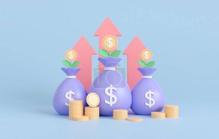Photo for 3d render bag money, tree growth and coin stack. Business growth dollar coins plant.  Arrow graph chart increase to success. 3d rendering illustration minimal style. - Royalty Free Image