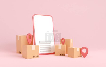Photo for 3d render shopping box delivery and location pin. smartphone online shopping and logistic express. 3d rendering illustration minimal style. - Royalty Free Image