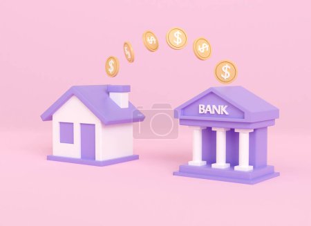 Photo for 3d render refinance and retention business home. Financial transactions, house value transfers. home and bank with coin. paying and loan online real estate. 3d rendering illustrator minimal. - Royalty Free Image