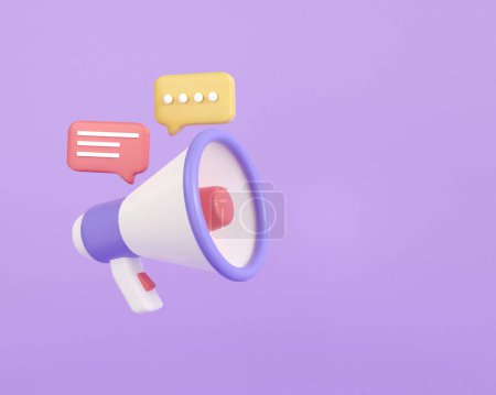Photo for 3d render megaphone for announce on purple background. loudspeaker with message coppy space. 3d rendering illustrator minimal. - Royalty Free Image