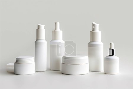 Téléchargez les photos : Groupe de bouteille cosmétique blanche produit sur fond blanc générative ai - en image libre de droit