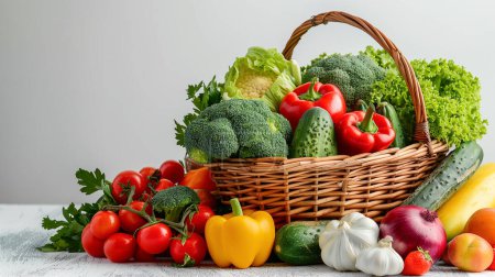 Téléchargez les photos : Composition des légumes et fruits biologiques crus dans le panier sur fond blanc générative ai. vue de face. - en image libre de droit