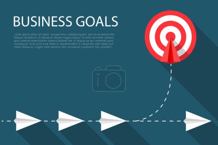 Illustration for Red paper airplane to the goal of success. Different concepts to target with copy space on blue background.  Return on investment. Business route concepts. Banner style vector illustration. - Royalty Free Image