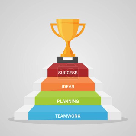 Illustration for Stair step go to Trophy and success. Business and finance concept. Design template 4 steps. Can be used to Present as a workflow diagram. Vector illustration in flat design. - Royalty Free Image