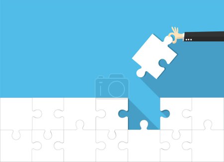 Illustration for The hands of the businessman hold the jigsaw completely. Vector illustration in flat design.  Implementation of the plan. - Royalty Free Image