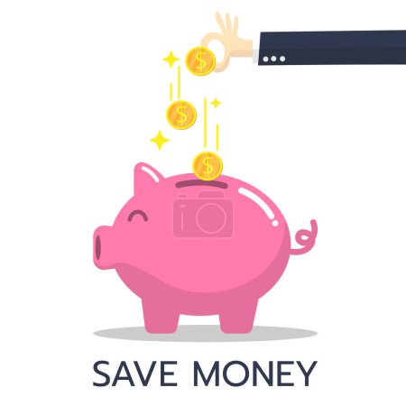 Illustration for Businessman putting a coin into a piggy bank. Save money concept. Money management business. Isolated on white background. Vector illustration in flat design. - Royalty Free Image