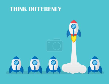 Illustration for Think differently concept. Red rocket different. Innovation and unique method concepts. New creative concepts and solutions. Vector illustration in flat design. - Royalty Free Image