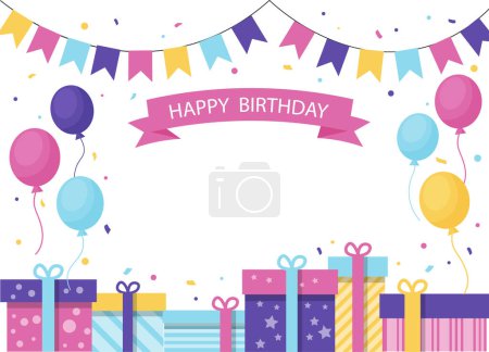 Illustration for Happy birthday with colorful gift balloons on white background. Birthday card white copy space. Vector illustration in flat design. - Royalty Free Image