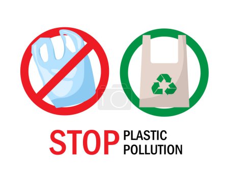 Illustration for Symbol stop plastic pollution and  fabric cloth or paper bag. logo no plastic saving ecology. isolated on white background. vector illustration modern flat design. - Royalty Free Image